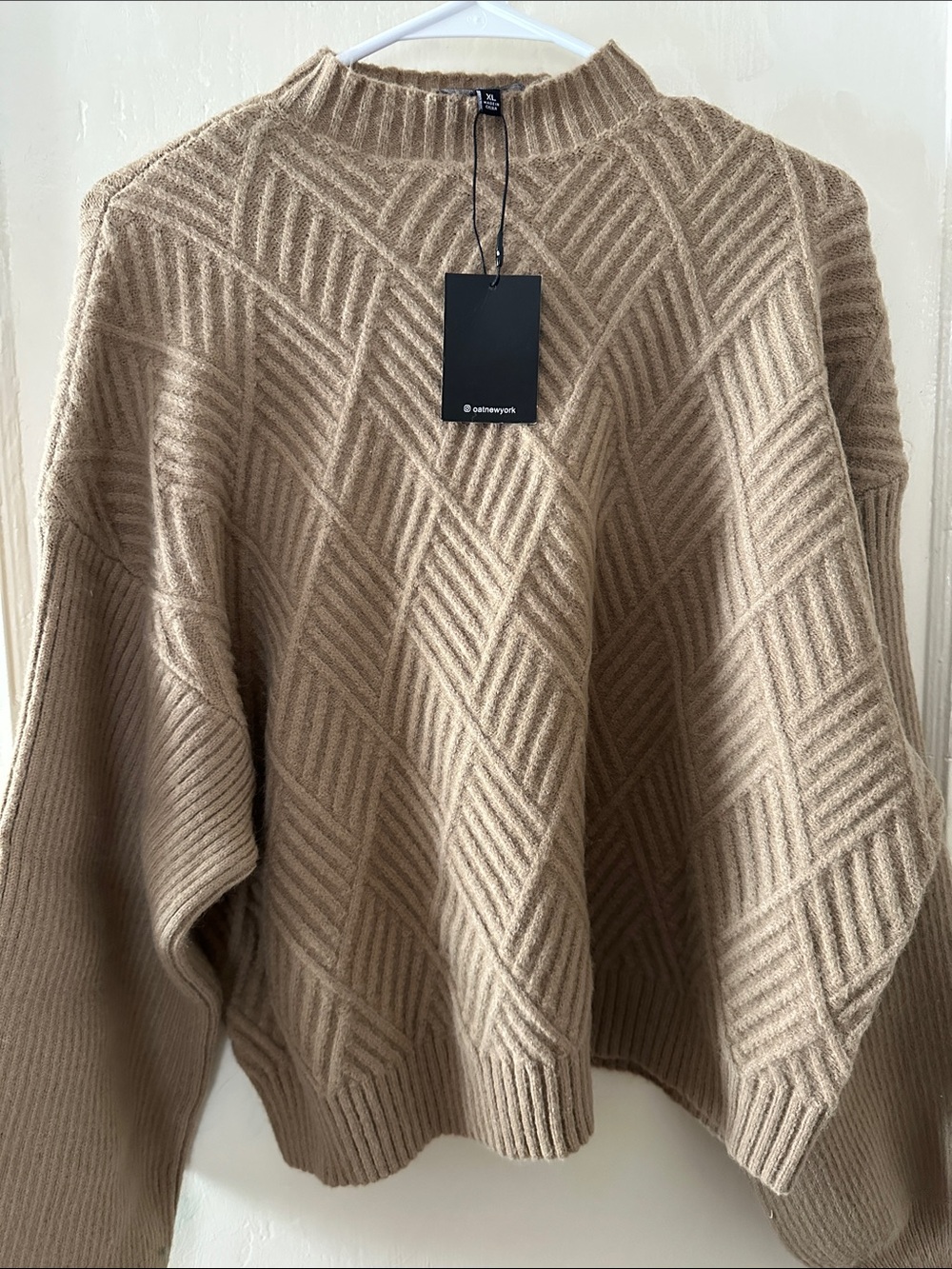 Oversized Textured Crewneck Sweater - Beige